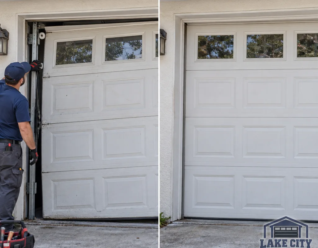 Garage door before and after off-track correction and realignment