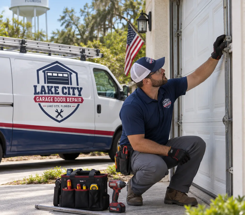 Technician inspecting a residential sectional garage door in a Lake City driveway