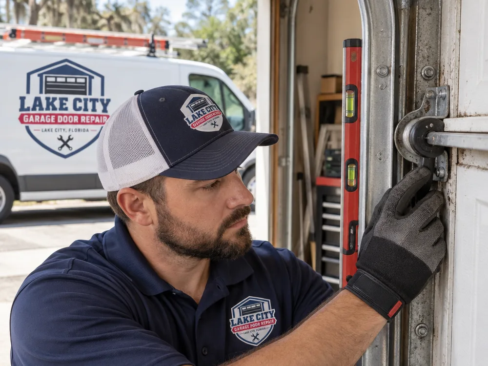 Technician checking garage door track alignment and roller wear with a level