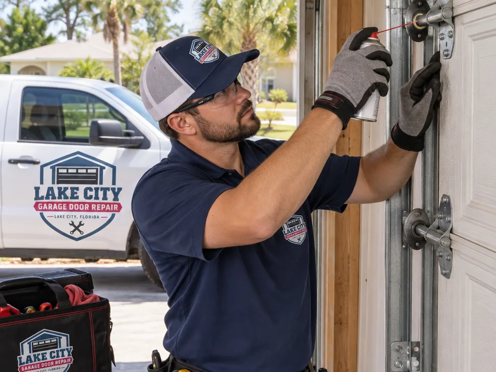Technician lubricating rollers and hinges and checking garage door track bolts