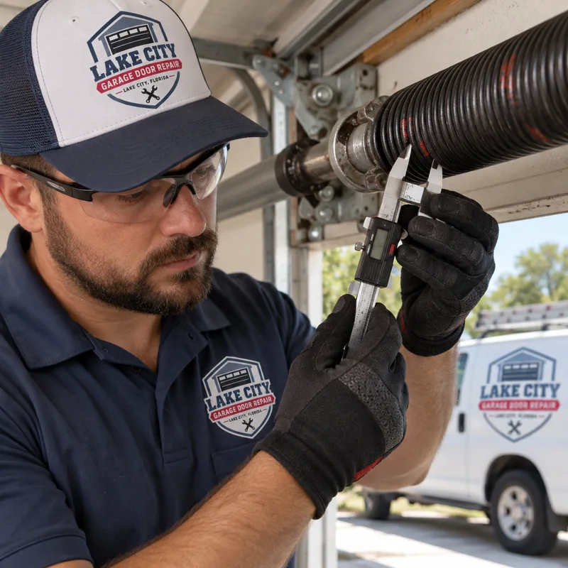 Technician measuring torsion spring dimensions for correct replacement sizing
