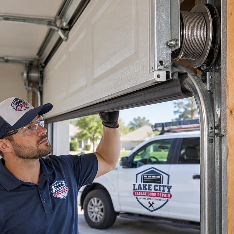 Balanced garage door held halfway open with even cable wrap and a level bottom seal