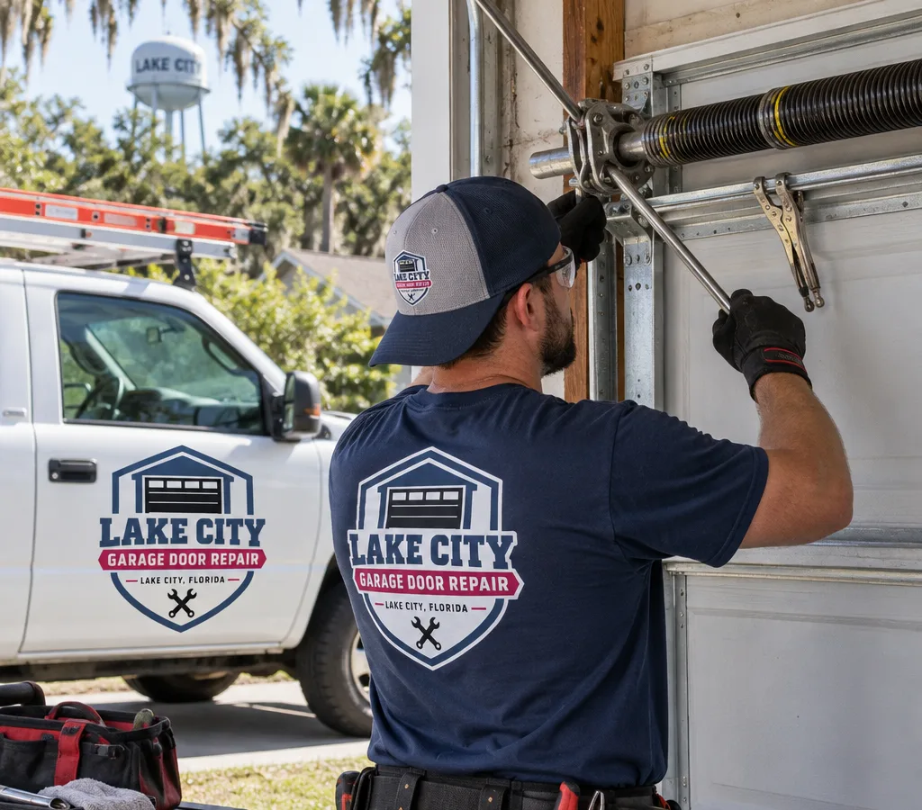 Technician safely replacing a residential garage door torsion spring using winding bars and clamps