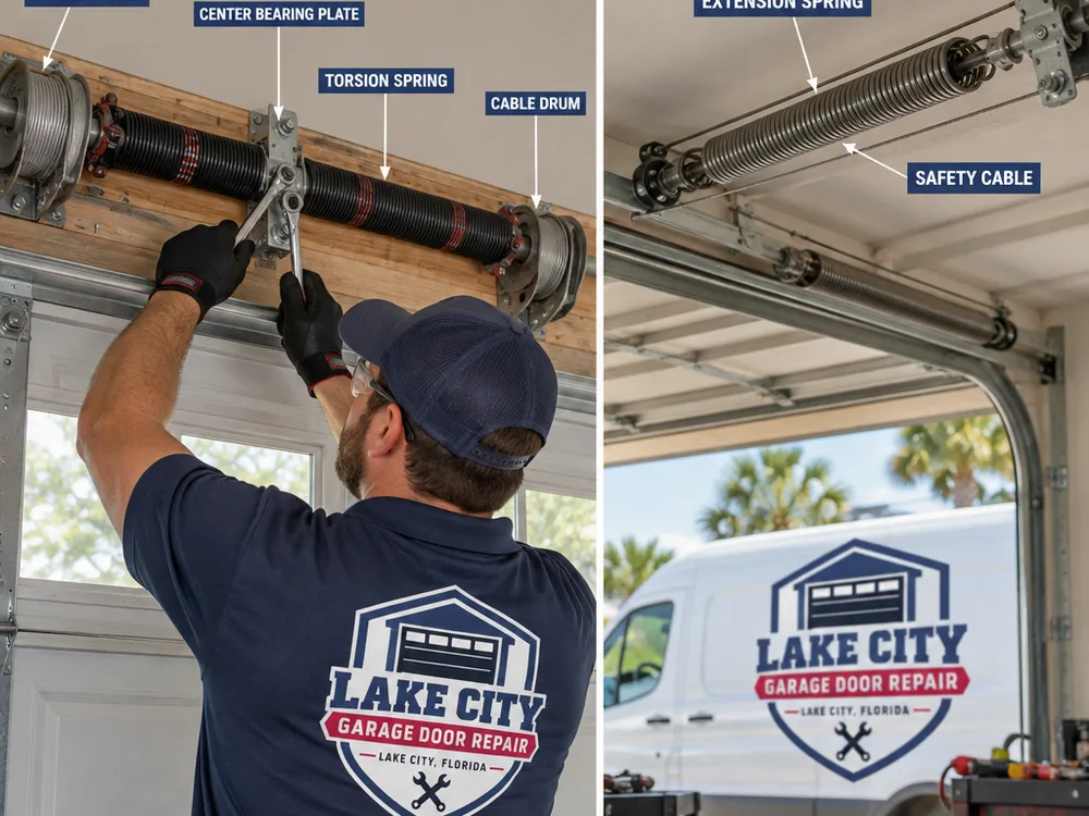 Comparison of torsion and extension garage door spring systems with key parts shown