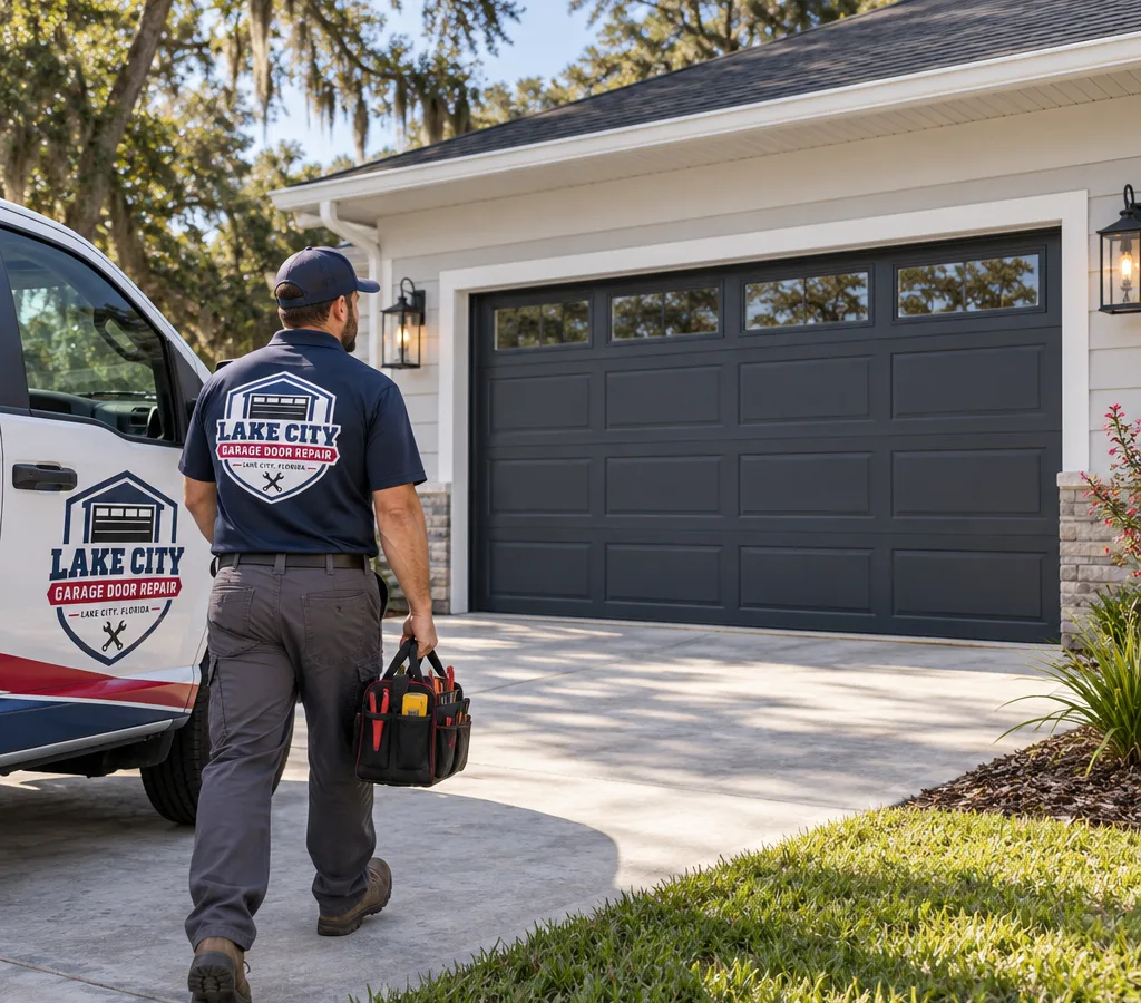 Newly installed residential garage door on a Lake City home, closed level with clean exterior trim
