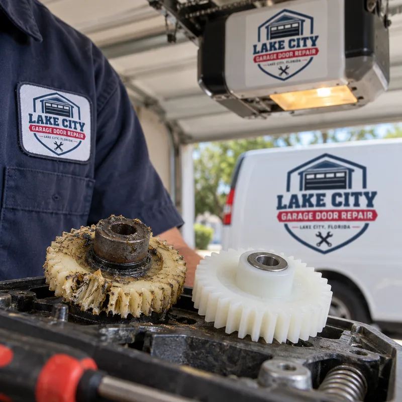 Worn nylon garage door opener drive gear beside a new replacement gear