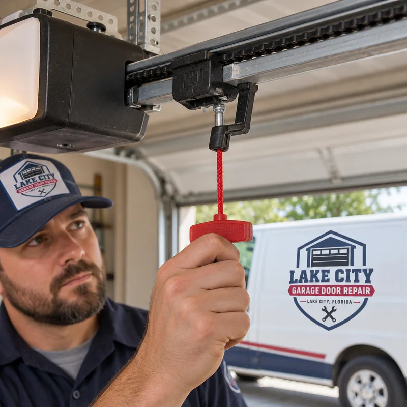 Garage door opener rail and trolley with the emergency release engaged
