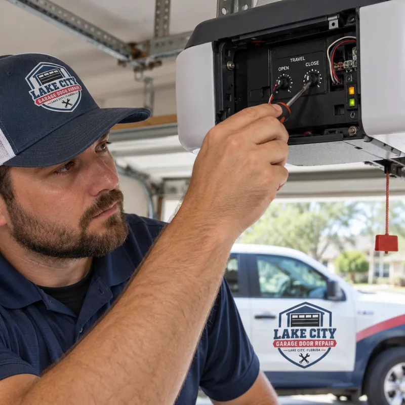 Technician checking garage door opener travel limit settings with the cover open