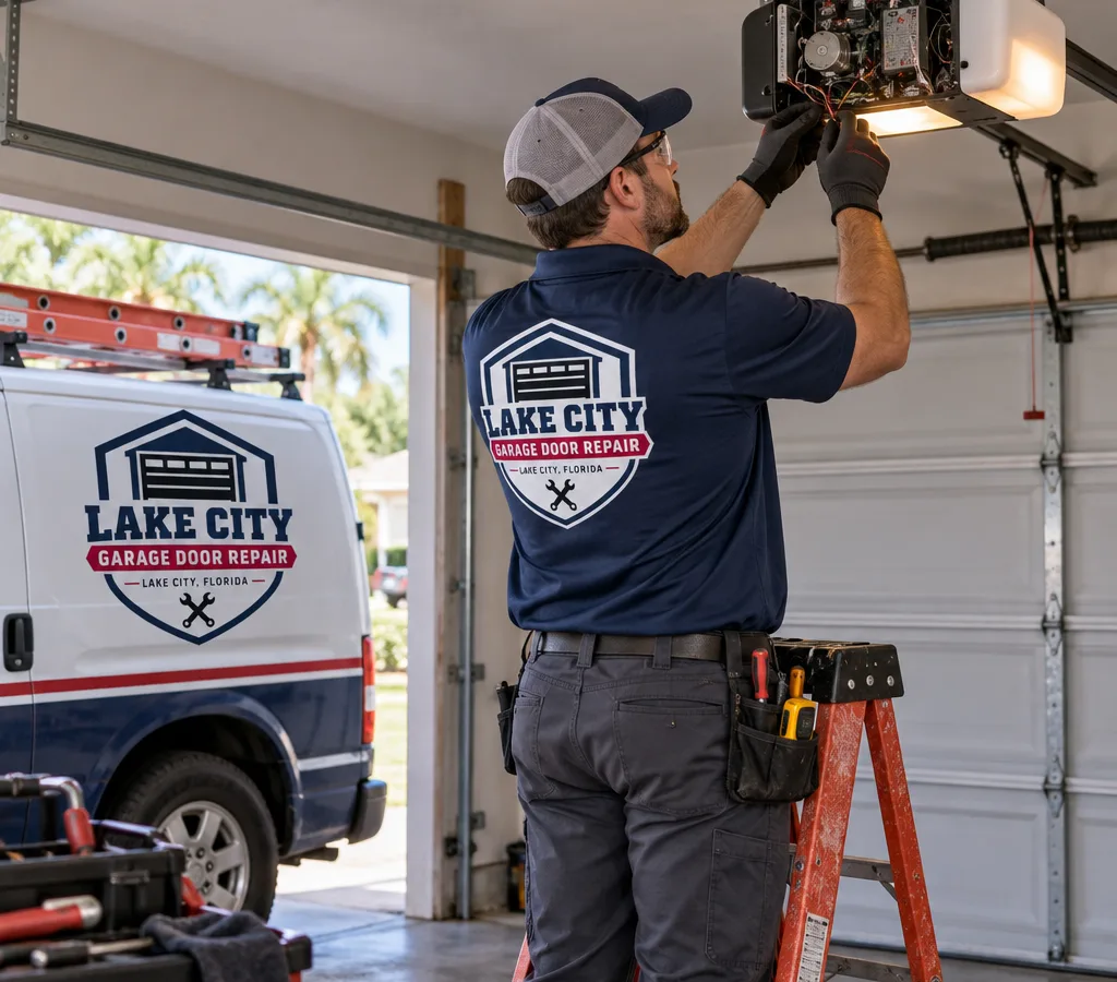 Technician diagnosing a ceiling-mounted garage door opener with the cover removed, ladder in place, and the garage door down for safety