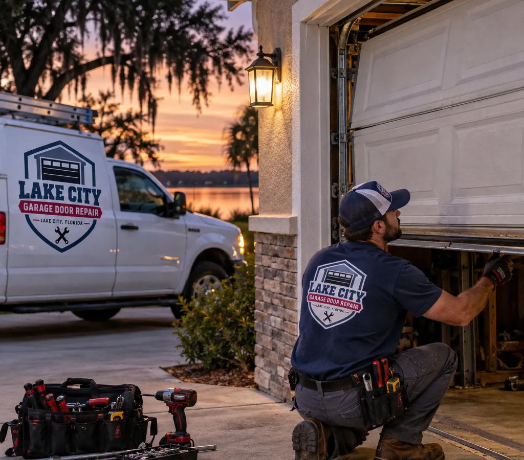Residential garage door partially stuck open at dusk with a technician's tools nearby
