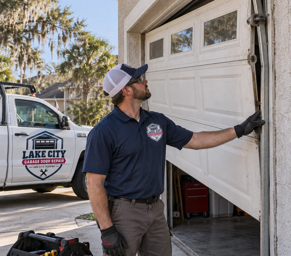 Residential sectional garage door sitting unevenly with a roller outside the track in a Lake City driveway